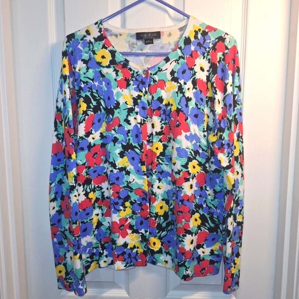 August Silk Colorful Floral Cardigan Sweater XL